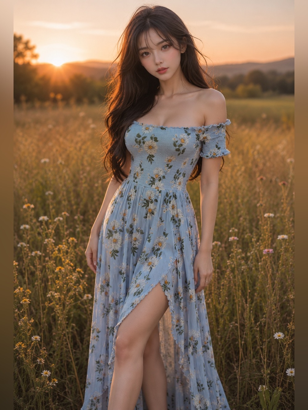 Daisy Skies & Meadowlight smocked off shoulder flowy maxi dress